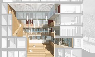 Diese Querschnittzeichnung durch das künftige Stadthaus zeigt die Treppe mit Sitzstufen, die die beiden Erdgeschossebenen verbindet. - Behet Bondzio Lin Diese Querschnittzeichnung durch das künftige Stadthaus zeigt die Treppe mit Sitzstufen, die die beiden Erdgeschossebenen verbindet. - Behet Bondzio Lin