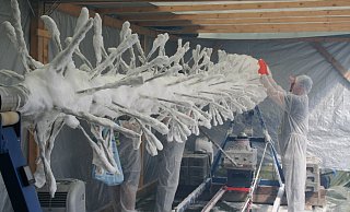 An dieser Säule mit ihren Verästelungen haben die Helferinnen und Helfer die größte Zuckerwatte der Welt aufgebaut. - Johannes Büttner An dieser Säule mit ihren Verästelungen haben die Helferinnen und Helfer die größte Zuckerwatte der Welt aufgebaut. - Johannes Büttner