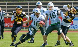 Bulldog Niklas Gorny (Nr. 10) schlängelt sich durch die (luftige) Düsseldorfer Defense. - Andreas Zobe Bulldog Niklas Gorny (Nr. 10) schlängelt sich durch die (luftige) Düsseldorfer Defense. - Andreas Zobe