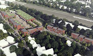 Zwischen Bahndamm und Kolpingstraße sind sechs Gebäude geplant. Die drei rechten sind ausschließlich für 60 Wohnungen gedacht. Richtung Bahnhof soll ein Einkaufszentrum mit Rewe, Rossmann, Ernsting's Family und Woolworth entstehen. - Skizze Procom Zwischen Bahndamm und Kolpingstraße sind sechs Gebäude geplant. Die drei rechten sind ausschließlich für 60 Wohnungen gedacht. Richtung Bahnhof soll ein Einkaufszentrum mit Rewe, Rossmann, Ernsting's Family und Woolworth entstehen. - Skizze Procom