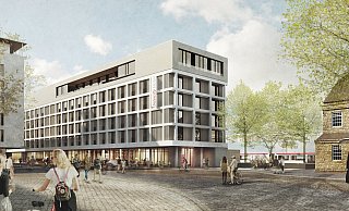 So soll das neue Hotel vom Bahnhofsvorplatz aussehen. - „raumwerk / GBI Holding AG“ So soll das neue Hotel vom Bahnhofsvorplatz aussehen. - „raumwerk / GBI Holding AG“
