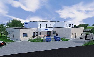 Die Visualisierung zeigt die geplante Polizeiwache an der Delbrücker Oststraße. Aktuell wird die Fläche als Acker genutzt. - Fecke und Stratmann Immobilien Die Visualisierung zeigt die geplante Polizeiwache an der Delbrücker Oststraße. Aktuell wird die Fläche als Acker genutzt. - Fecke und Stratmann Immobilien