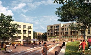Der Entwurf zum Quartier auf dem Gelände der Hammersmith-Kaserne sieht eine Quartiersmitte mit Geschäften vor. Grafik: astoc - astoc Der Entwurf zum Quartier auf dem Gelände der Hammersmith-Kaserne sieht eine Quartiersmitte mit Geschäften vor. Grafik: astoc - astoc