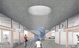 Wendeltreppen könnten später auf den OWD hinaufführen, der dann von der Stadtautobahn in einen Freiraum für Menschen verwandelt wäre. - Leon Landwehr Wendeltreppen könnten später auf den OWD hinaufführen, der dann von der Stadtautobahn in einen Freiraum für Menschen verwandelt wäre. - Leon Landwehr