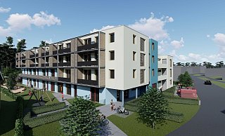 Die neue Kita (blaue Fassade) ist im mehrstöckigen Gebäude zusammen mit 22 Sozialwohnungen geplant. - Sennestadt GmbH Die neue Kita (blaue Fassade) ist im mehrstöckigen Gebäude zusammen mit 22 Sozialwohnungen geplant. - Sennestadt GmbH