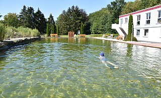 Naturbad in Menne: Das Becken ist 12,50 Meter breit und 33,3 Meter lang und zwischen 90 und 130 Zentimeter tief. Eine Kombination aus Schilf und Kies reinigt das Wasser in dem Vereinsbad. - Förderverein Naturbad Menne Naturbad in Menne: Das Becken ist 12,50 Meter breit und 33,3 Meter lang und zwischen 90 und 130 Zentimeter tief. Eine Kombination aus Schilf und Kies reinigt das Wasser in dem Vereinsbad. - Förderverein Naturbad Menne
