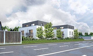 So sollen die neuen Wohnhäuser aussehen. Rechts neben den Gebäuden an der B61 liegt ein Tankstellengelände . Dazwischen entsteht eine Schallschutzwand. - baulampe So sollen die neuen Wohnhäuser aussehen. Rechts neben den Gebäuden an der B61 liegt ein Tankstellengelände . Dazwischen entsteht eine Schallschutzwand. - baulampe