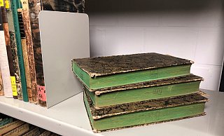 Stapel mit Büchern mit grünem Buchschnitt in der Bielefelder Unibibliothek, die auf Arsenbelastung hin überprüft werden. - Julia Bömer/Universität Bielefeld/dpa Stapel mit Büchern mit grünem Buchschnitt in der Bielefelder Unibibliothek, die auf Arsenbelastung hin überprüft werden. - Julia Bömer/Universität Bielefeld/dpa