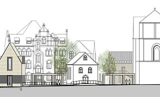 Die Zeichnung des Architekturbüros zeigt in dunklerem Farbton die Neubauten links und rechts der Wolderuskapelle. Das Gebäude rechts steht weiter im Hintergrund. - Ellermann, Pfeiffer, Preckel Die Zeichnung des Architekturbüros zeigt in dunklerem Farbton die Neubauten links und rechts der Wolderuskapelle. Das Gebäude rechts steht weiter im Hintergrund. - Ellermann, Pfeiffer, Preckel