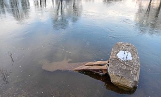 Die beim Weihnachtshochwasser umgekippte Figur war nur kurz zu sehen. Der Wasserstand hat kaum zum Luftholen gereicht. Aktuell ist der Angler wieder völlig verschwunden. - Michaela Bast Die beim Weihnachtshochwasser umgekippte Figur war nur kurz zu sehen. Der Wasserstand hat kaum zum Luftholen gereicht. Aktuell ist der Angler wieder völlig verschwunden. - Michaela Bast