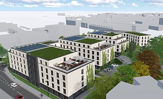 Die Visualisierung zeigt den Blick von der Sudbrackstraße auf die Wohnanlage, die dort aktuell entsteht. Die Dachterrassen sollen im Sommer zum Treffpunkt für die Bewohner werden. Geplant sind auch eine großflächige Dachbegrünung und Photovoltaikanlagen. - Visualisierung: Stopfel Architekten Die Visualisierung zeigt den Blick von der Sudbrackstraße auf die Wohnanlage, die dort aktuell entsteht. Die Dachterrassen sollen im Sommer zum Treffpunkt für die Bewohner werden. Geplant sind auch eine großflächige Dachbegrünung und Photovoltaikanlagen. - Visualisierung: Stopfel Architekten