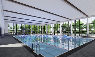 Die Visualisierung zeigt, wie die Schwimmhalle des neuen Kombibades in Jöllenbeck aussehen wird. Es soll mehrere Becken innen und außen geben. - BBF / KRIEGER Architekten l Ingenieure GmbH Die Visualisierung zeigt, wie die Schwimmhalle des neuen Kombibades in Jöllenbeck aussehen wird. Es soll mehrere Becken innen und außen geben. - BBF / KRIEGER Architekten l Ingenieure GmbH