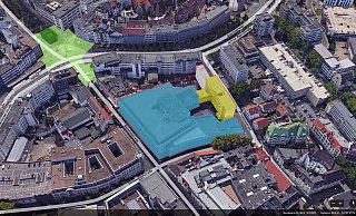 Der Jahnplatz aus der Vogelperspektive. Die grüne Fläche zeiht die Dimensionen des unterirdischen Jahnplatzforums. Foto: ZREV - ZAMBERK REAL ESTATE VENTURES Der Jahnplatz aus der Vogelperspektive. Die grüne Fläche zeiht die Dimensionen des unterirdischen Jahnplatzforums. Foto: ZREV - ZAMBERK REAL ESTATE VENTURES