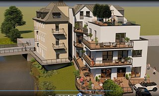 Für den gastronomischen Betrieb im Erdgeschoss des Anbaus ist eine große Terrasse geplant, die sich zur Aa hin in einem Bogen öffnet. - Planungsbüro Für den gastronomischen Betrieb im Erdgeschoss des Anbaus ist eine große Terrasse geplant, die sich zur Aa hin in einem Bogen öffnet. - Planungsbüro