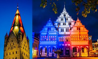 Zur Fußball-EM werden der Dom und das Paderborner Rathaus Blau-Weiß-Rot und Rot-Gelb beleuchtet werden. - Stadt Paderborn Zur Fußball-EM werden der Dom und das Paderborner Rathaus Blau-Weiß-Rot und Rot-Gelb beleuchtet werden. - Stadt Paderborn