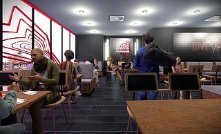 Die Visualisierung der Pizza Hut Filiale zeigt die große Fensterfront im Obergeschoss mit Blick über den Jahnplatz. - PizzaHut/popupbau Die Visualisierung der Pizza Hut Filiale zeigt die große Fensterfront im Obergeschoss mit Blick über den Jahnplatz. - PizzaHut/popupbau