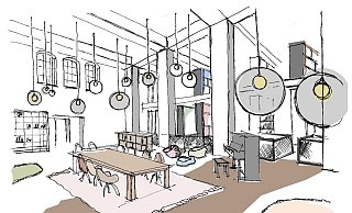 Die Skizze zeigt, wie der Alte Wartesaal nach dem Umbau aussehen könnte. Das ist das Ergebnis der bisherigen Ideensammlung. - Baulampe Architekten Die Skizze zeigt, wie der Alte Wartesaal nach dem Umbau aussehen könnte. Das ist das Ergebnis der bisherigen Ideensammlung. - Baulampe Architekten