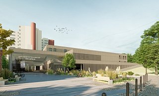 Künftig gelangen Besucher, Patienten und Beschäftigte ebenerdig ins Klinikum an der Teutoburger Straße. Rechts an den Haupteingang schließt sich der Neubau des Notfall- und Intensivmedizinischen Zentrums an, links steht die historische Capella hospitalis. - Klinikum Mitte Künftig gelangen Besucher, Patienten und Beschäftigte ebenerdig ins Klinikum an der Teutoburger Straße. Rechts an den Haupteingang schließt sich der Neubau des Notfall- und Intensivmedizinischen Zentrums an, links steht die historische Capella hospitalis. - Klinikum Mitte