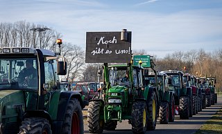 Beim Bauernprotest am 8. Januar fuhren 450 Trecker in einem Konvoi über die B1. Jetzt werden offenbar Landwirte für Straßensperren an Karneval gesucht. - Niklas Tüns Beim Bauernprotest am 8. Januar fuhren 450 Trecker in einem Konvoi über die B1. Jetzt werden offenbar Landwirte für Straßensperren an Karneval gesucht. - Niklas Tüns