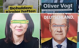 Unbekannte haben auf Wahlplakaten die Augen von Kandidaten mit Aufklebern überklebt, auf denen Parolen zu lesen sind. - Björn Babina Unbekannte haben auf Wahlplakaten die Augen von Kandidaten mit Aufklebern überklebt, auf denen Parolen zu lesen sind. - Björn Babina
