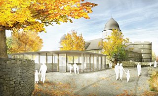 Die Erweiterung der Wewelsburg könnte unterirdisch vonstatten gehen. Der Zugang würde über einen Glasbau realisiert. Panoramafenster könnten den Blick ins Almetal freigeben. - Drees & Huesmann Die Erweiterung der Wewelsburg könnte unterirdisch vonstatten gehen. Der Zugang würde über einen Glasbau realisiert. Panoramafenster könnten den Blick ins Almetal freigeben. - Drees & Huesmann