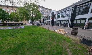 Drei Meter mehr für Passanten und Gastronomie vor dem Ratscafé, drei Meter weniger für Rasen – plant die Stadt. Foto: Andreas Zobe - Foto: Andreas Zobe/NW Drei Meter mehr für Passanten und Gastronomie vor dem Ratscafé, drei Meter weniger für Rasen – plant die Stadt. Foto: Andreas Zobe - Foto: Andreas Zobe/NW