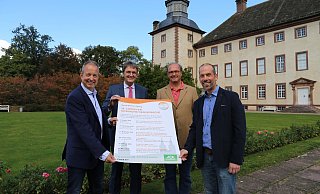 Thomas Pottmeier (AOK, v.l.), Organisator Eckhard Sorges, Gastgeber Herzog Viktor von Ratibor und Referent Michael Hempelmann präsentieren das Programm. - KHWE Thomas Pottmeier (AOK, v.l.), Organisator Eckhard Sorges, Gastgeber Herzog Viktor von Ratibor und Referent Michael Hempelmann präsentieren das Programm. - KHWE