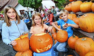 Mit Schablone und Schnitzwerkzeug bearbeiten Carla (12, v.l.), Frida (8) und Findan (8) ihre Halloween-Kürbisse. Wenn das Wetter mal nicht so schön ist wie an diesem Tag, wird das in die Schneune (im Hintergrund) verlegt. - Barbara Franke Mit Schablone und Schnitzwerkzeug bearbeiten Carla (12, v.l.), Frida (8) und Findan (8) ihre Halloween-Kürbisse. Wenn das Wetter mal nicht so schön ist wie an diesem Tag, wird das in die Schneune (im Hintergrund) verlegt. - Barbara Franke