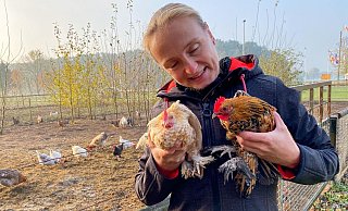 Petra Hagemeier war ziemlich erstaunt, als sie die beiden fremden Hähne am Dienstag entdeckte. - Anke Schneider Petra Hagemeier war ziemlich erstaunt, als sie die beiden fremden Hähne am Dienstag entdeckte. - Anke Schneider