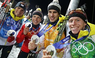 Nachträglich Olympiasieger: Die deutsche Biathlon-Staffel von 2014. - Kay Nietfeld/dpa Nachträglich Olympiasieger: Die deutsche Biathlon-Staffel von 2014. - Kay Nietfeld/dpa