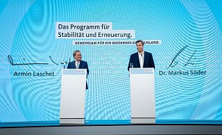CDU-Chef Armin Laschet und CSU-Chef Markus Söder stellen das Programm für die Bundestagswahl vor. - Foto: Kay Nietfeld/dpa CDU-Chef Armin Laschet und CSU-Chef Markus Söder stellen das Programm für die Bundestagswahl vor. - Foto: Kay Nietfeld/dpa