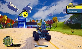 Wir brettern mit unserem Quad gerade zu unserer ersten Aktivität. Am Himmel prangen schöne Klötzchen-Wolken, am Rand laden Plastikblumen zum Pflücken ein. Willkommen in Bricklandia! - 2K Wir brettern mit unserem Quad gerade zu unserer ersten Aktivität. Am Himmel prangen schöne Klötzchen-Wolken, am Rand laden Plastikblumen zum Pflücken ein. Willkommen in Bricklandia! - 2K