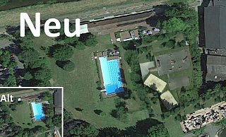 Heinz-Georg Beneke schlägt vor, ein kleineres, 25 Meter langes Becken zu bauen und und die Skateranlage sowie zwei Beach-Volleyballfelder (im großen Bild rechts) ins Freibad zu integrieren. Zum Steinmeisterpark hin soll eine Strandbar entstehen (rechts unten). Links: Im kleinen Bild der aktuelle Stand. - NW Heinz-Georg Beneke schlägt vor, ein kleineres, 25 Meter langes Becken zu bauen und und die Skateranlage sowie zwei Beach-Volleyballfelder (im großen Bild rechts) ins Freibad zu integrieren. Zum Steinmeisterpark hin soll eine Strandbar entstehen (rechts unten). Links: Im kleinen Bild der aktuelle Stand. - NW