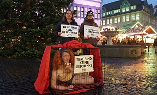 Jens Vogt von Peta lässt für den Tierschutz die Hüllen fallen. Die Schwestern Melanie (l.) und Nicole Schmidtmeier unterstützen ihn spontan. - David Knapp Jens Vogt von Peta lässt für den Tierschutz die Hüllen fallen. Die Schwestern Melanie (l.) und Nicole Schmidtmeier unterstützen ihn spontan. - David Knapp