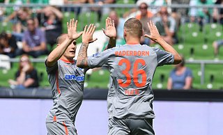 Paderborns Felix Platte (r) jubelt über sein Tor zum 1:0 mit Teamkollege Sven Michel. - picture alliance/dpa Paderborns Felix Platte (r) jubelt über sein Tor zum 1:0 mit Teamkollege Sven Michel. - picture alliance/dpa