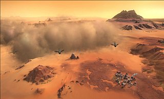 Ein Sandsturm nähert sich. Da kann die Spice-Produktion schonmal drunter leiden. Also schnell alle beweglichen Einheiten aus dem Weg schaffen. - Shiro Games/Funcom/dpa-tmn Ein Sandsturm nähert sich. Da kann die Spice-Produktion schonmal drunter leiden. Also schnell alle beweglichen Einheiten aus dem Weg schaffen. - Shiro Games/Funcom/dpa-tmn