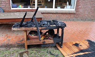 Die stark verkohlte hölzerne Werkbank war Ausgangspunkt des Brandes. - Polizei Minden-Lübbecke Die stark verkohlte hölzerne Werkbank war Ausgangspunkt des Brandes. - Polizei Minden-Lübbecke