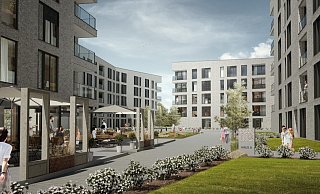 Vision oder bald Realität? Die Ansicht zeigt einen Blick von der Bismarckstraße aus in das autofreie Quartier mit Café und Spielplatz am Quartiersplatz. - Büro GJL Vision oder bald Realität? Die Ansicht zeigt einen Blick von der Bismarckstraße aus in das autofreie Quartier mit Café und Spielplatz am Quartiersplatz. - Büro GJL