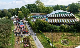 Von der Arbeitsbühne eines Teleskopstaplers bietet sich ein atemberaubende Blick über die Apfelplantagen (l.), das Apfeltag-Zentrum mit Essensständen und Äppel-Stage und der Sortier- und Lagerhalle (r.). Da nur zwei Gäste gleichzeitig in die Höhe dürfen, hieß es früh kommen oder Schlange stehen. - Ralf Bittner Von der Arbeitsbühne eines Teleskopstaplers bietet sich ein atemberaubende Blick über die Apfelplantagen (l.), das Apfeltag-Zentrum mit Essensständen und Äppel-Stage und der Sortier- und Lagerhalle (r.). Da nur zwei Gäste gleichzeitig in die Höhe dürfen, hieß es früh kommen oder Schlange stehen. - Ralf Bittner