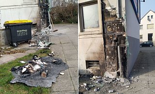 Der angezündete Müllcontainer ist komplett zusammengeschmolzen (l.). Das Feuer zerstörte auch die Telefon- und Internet-Verteilung, die sich direkt hinter dem Container befindet (r.). - privat Der angezündete Müllcontainer ist komplett zusammengeschmolzen (l.). Das Feuer zerstörte auch die Telefon- und Internet-Verteilung, die sich direkt hinter dem Container befindet (r.). - privat