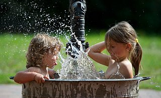 Die Schwestern Mia (l.) und Amy gehen bei Temperaturen über 30 Grad Celsius am liebsten in ihre kleine Badewanne. - Symbolfoto: picture alliance Die Schwestern Mia (l.) und Amy gehen bei Temperaturen über 30 Grad Celsius am liebsten in ihre kleine Badewanne. - Symbolfoto: picture alliance