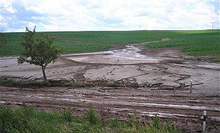 Massiver Abfluss von Oberboden, die Verschlammung der Straße ist deutlich zu sehen, die Flächen halten künftig kein Wasser mehr. - LfULG Sachsen Massiver Abfluss von Oberboden, die Verschlammung der Straße ist deutlich zu sehen, die Flächen halten künftig kein Wasser mehr. - LfULG Sachsen