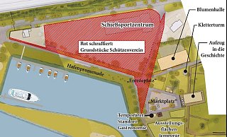 Rot schraffiert hat Christian Sauer das Areal des Vereins inmitten der Landesgartenschauplanung. - Grafik: Schultheiss/NW Rot schraffiert hat Christian Sauer das Areal des Vereins inmitten der Landesgartenschauplanung. - Grafik: Schultheiss/NW