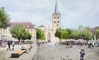So könnte der Rathausplatz nach dem Umbau aussehen - mit einem Wasserspiel im Hintergrund, breiteren Streifen vor dem Rathaus und der Markthalle und Bäumen rechts und links vor der Münsterkirche. - TPG Landschaftsarchitekten So könnte der Rathausplatz nach dem Umbau aussehen - mit einem Wasserspiel im Hintergrund, breiteren Streifen vor dem Rathaus und der Markthalle und Bäumen rechts und links vor der Münsterkirche. - TPG Landschaftsarchitekten
