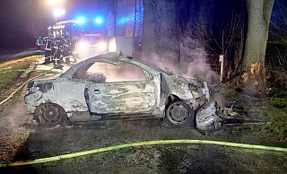 Nach dem Anprall gegen den Straßenbaum ging der Peugeot in Flammen auf und brannte vollständig aus. Der mutmaßlich verletzte Fahrer flüchtete in die Feldflur. - Ralph Meyer Nach dem Anprall gegen den Straßenbaum ging der Peugeot in Flammen auf und brannte vollständig aus. Der mutmaßlich verletzte Fahrer flüchtete in die Feldflur. - Ralph Meyer
