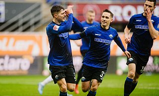 Florent Muslija bejubelt seinen Treffer für den SC Paderborn. - Besim Mazhiqi Florent Muslija bejubelt seinen Treffer für den SC Paderborn. - Besim Mazhiqi
