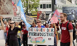 Mit Transparten, Plakaten und Fotos mit drastischen Bildern gequälter Tiere zogen die Demonstranten durch die Bielefelder Innenstadt. „Schlachthäuser schließen!“ lautet ihre Forderung. - Peter Unger Mit Transparten, Plakaten und Fotos mit drastischen Bildern gequälter Tiere zogen die Demonstranten durch die Bielefelder Innenstadt. „Schlachthäuser schließen!“ lautet ihre Forderung. - Peter Unger