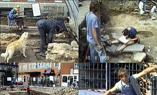 Filmmaterial von der damaligen Ausgrabung am Münster wurde in das Video zum Archäologischen Fenster eingebaut. Links oben Hund Schröder, rechts unten der blutjunge Ausgrabungsleiter Matthias Wemhoff. - Geschichtsverein Filmmaterial von der damaligen Ausgrabung am Münster wurde in das Video zum Archäologischen Fenster eingebaut. Links oben Hund Schröder, rechts unten der blutjunge Ausgrabungsleiter Matthias Wemhoff. - Geschichtsverein
