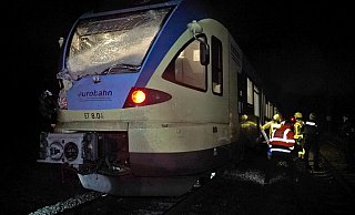 Feuerwehrleute stehen an einem verunglückten Zug in der Nähe von Rheine im Münsterland. Ein Baum war wegen eines Sturms auf die Gleise gestürzt. - TV7news/dpa Feuerwehrleute stehen an einem verunglückten Zug in der Nähe von Rheine im Münsterland. Ein Baum war wegen eines Sturms auf die Gleise gestürzt. - TV7news/dpa