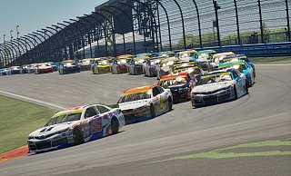 Packende Rennaction bei NASCAR 25: Die neonfarbenen Boliden liefern sich ein spannendes Kopf-an-Kopf-Rennen auf der Strecke. - iRacing Packende Rennaction bei NASCAR 25: Die neonfarbenen Boliden liefern sich ein spannendes Kopf-an-Kopf-Rennen auf der Strecke. - iRacing